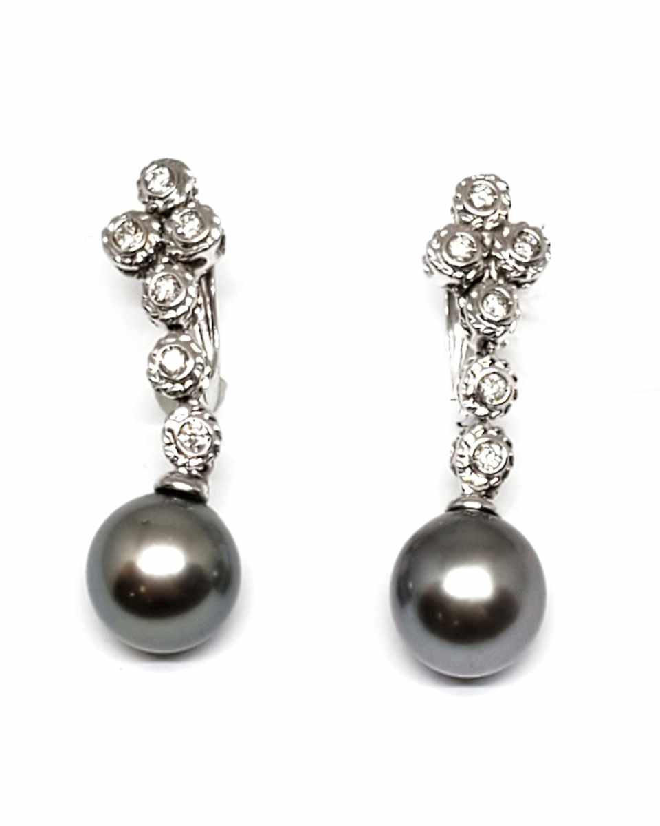 18K White Gold Diamond and Tahitian Pearl Drop Earrings